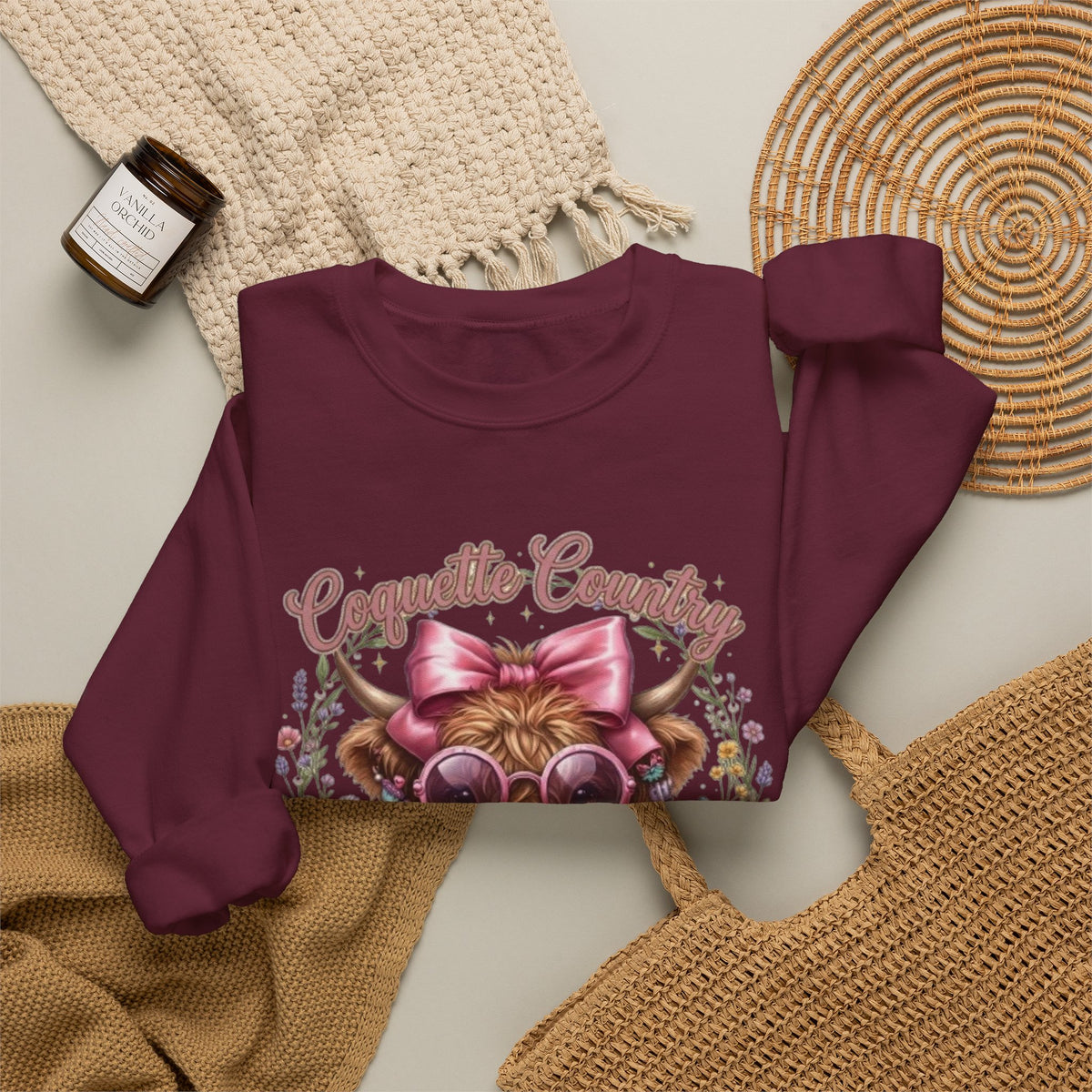 Sweatshirt mit Hochlandrind, rosa Schleife und Sonnenbrille