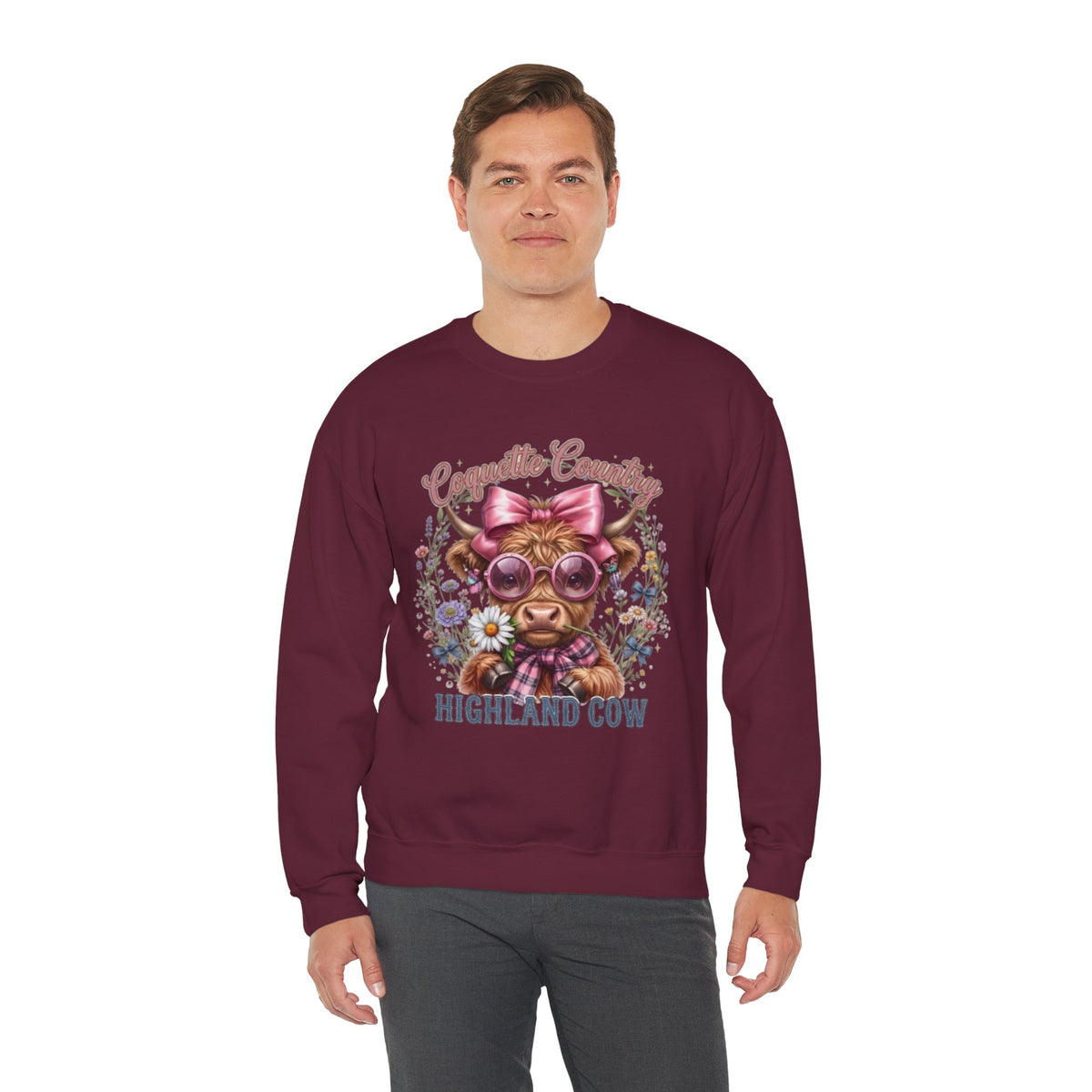 Sweatshirt mit Hochlandrind, rosa Schleife und Sonnenbrille