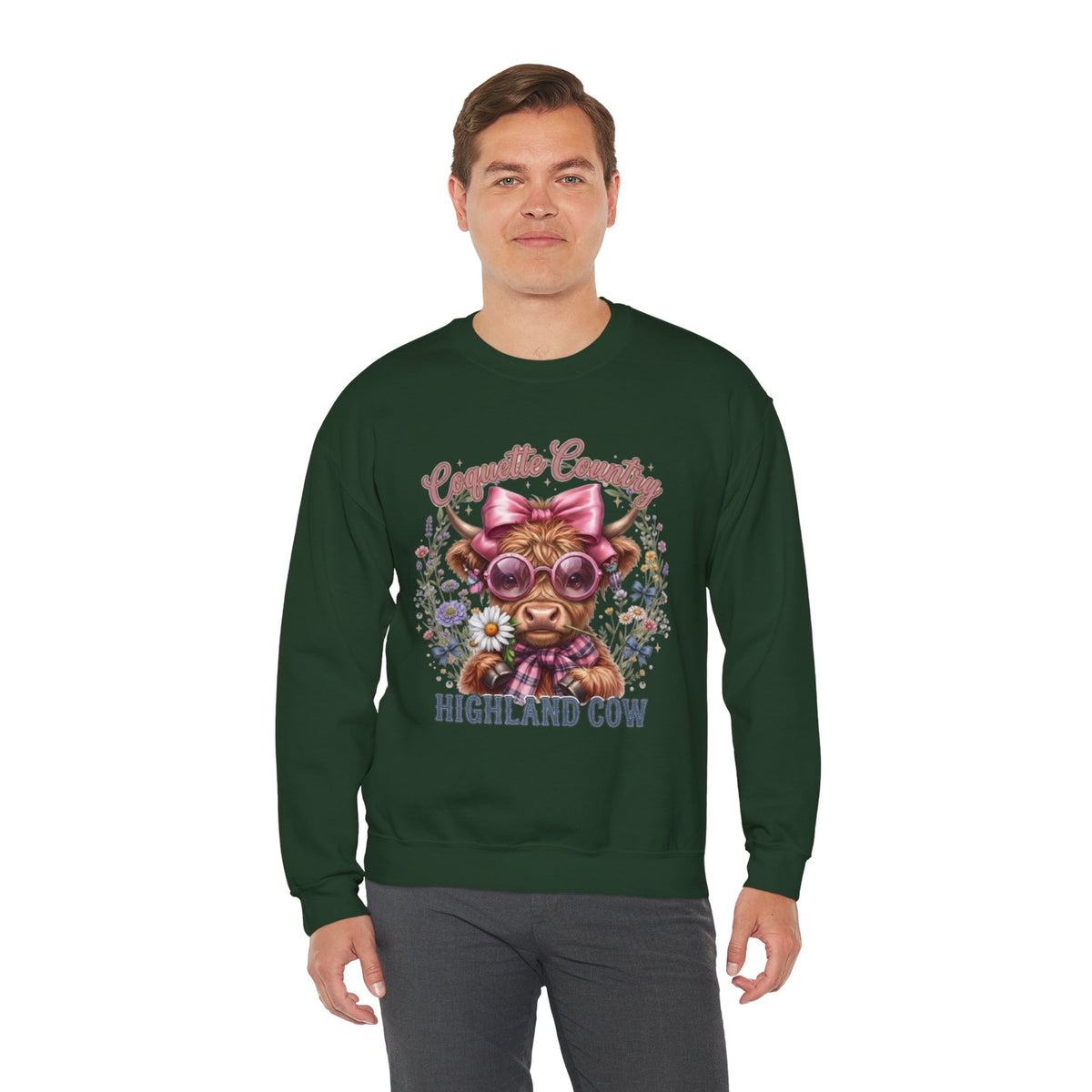 Sweatshirt mit Hochlandrind, rosa Schleife und Sonnenbrille