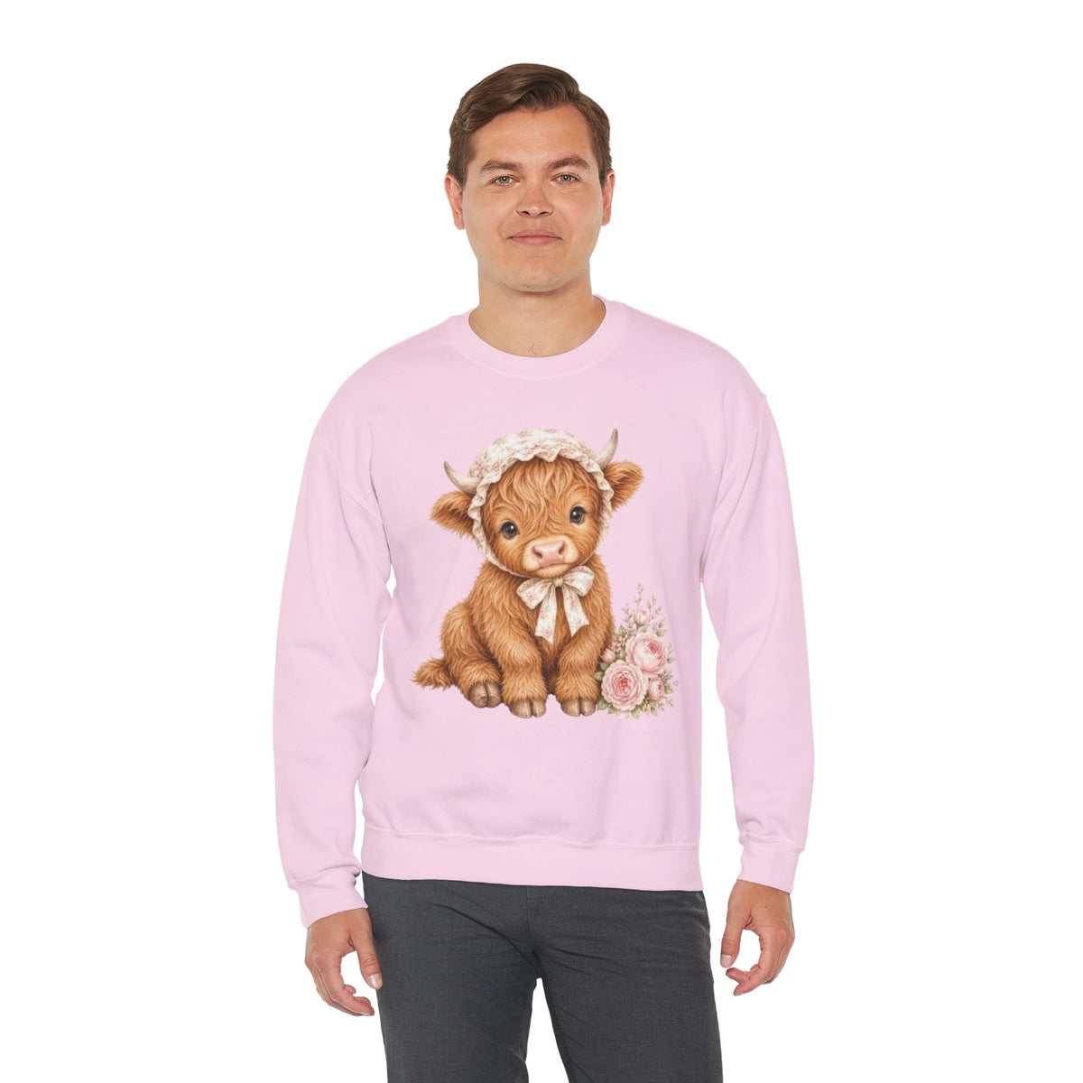 Sweatshirt mit Hochlandkalb und rosa Blumen