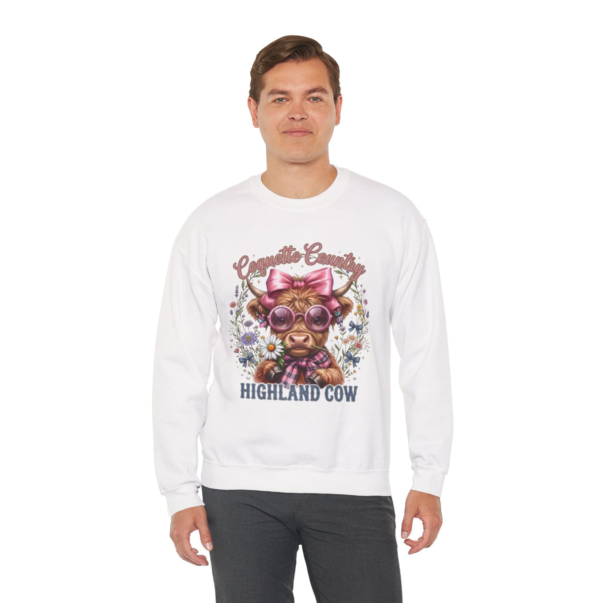 Sweatshirt mit Hochlandrind, rosa Schleife und Sonnenbrille