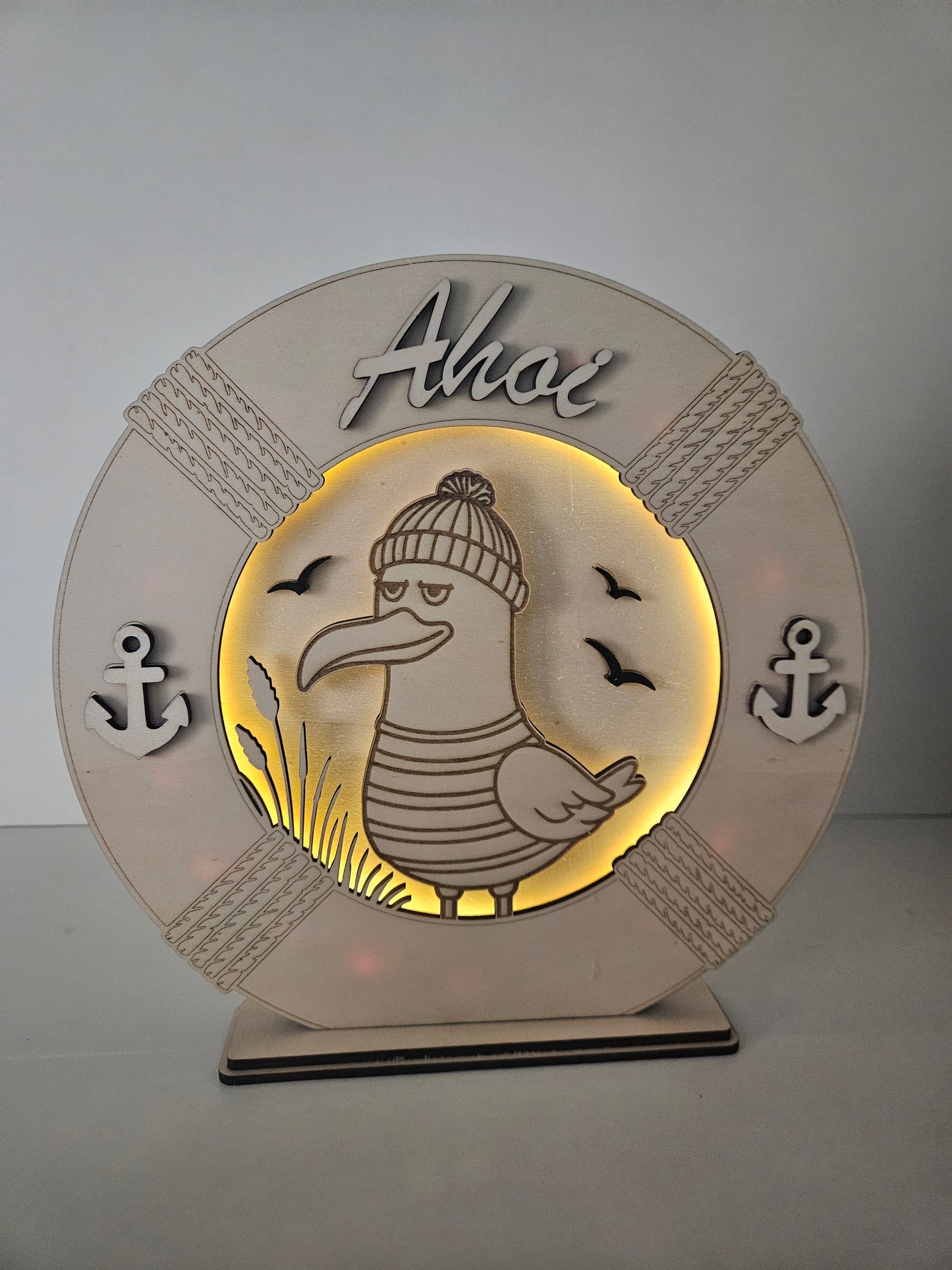 Ahoi Holzlampe Rettungsring mit grummeliger Möwe Ø 25 cm