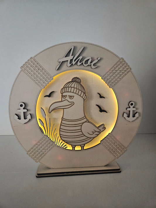 Ahoi Holzlampe Rettungsring mit grummeliger Möwe Ø 25 cm