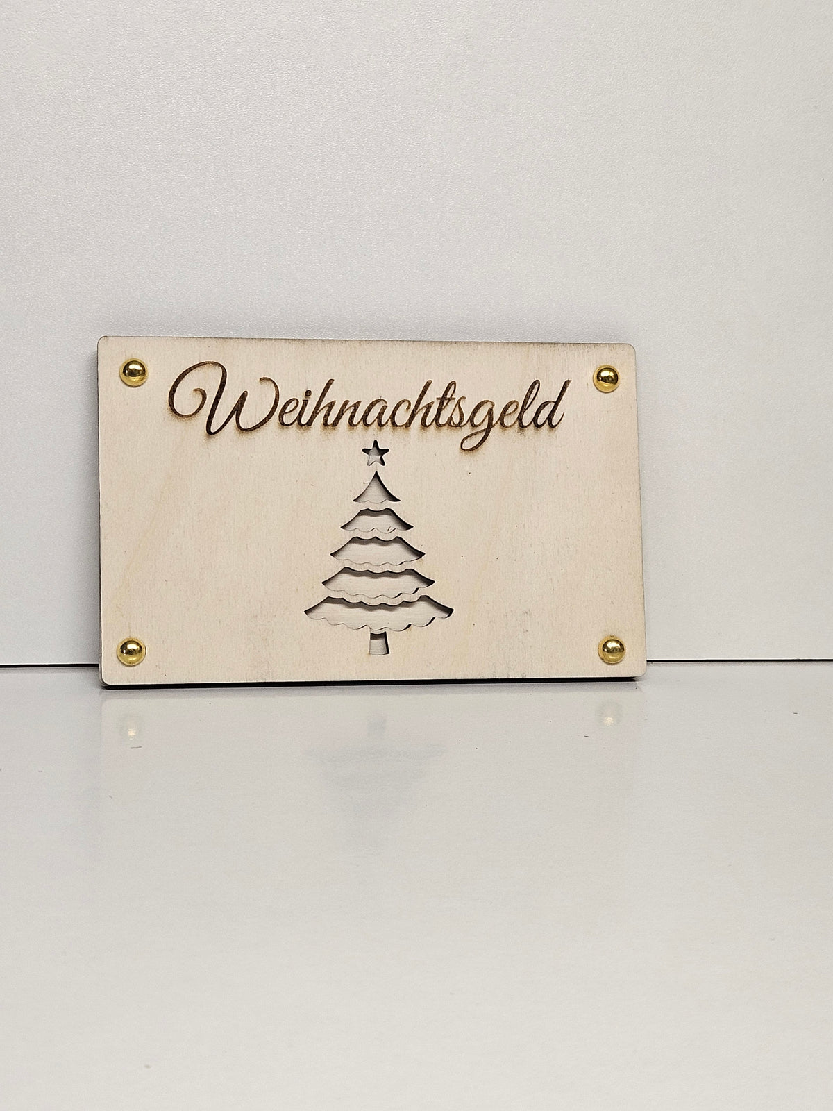 Lasergravierte Holztafel Weihnachtsgeld mit Weihnachtsbaum-Motiv