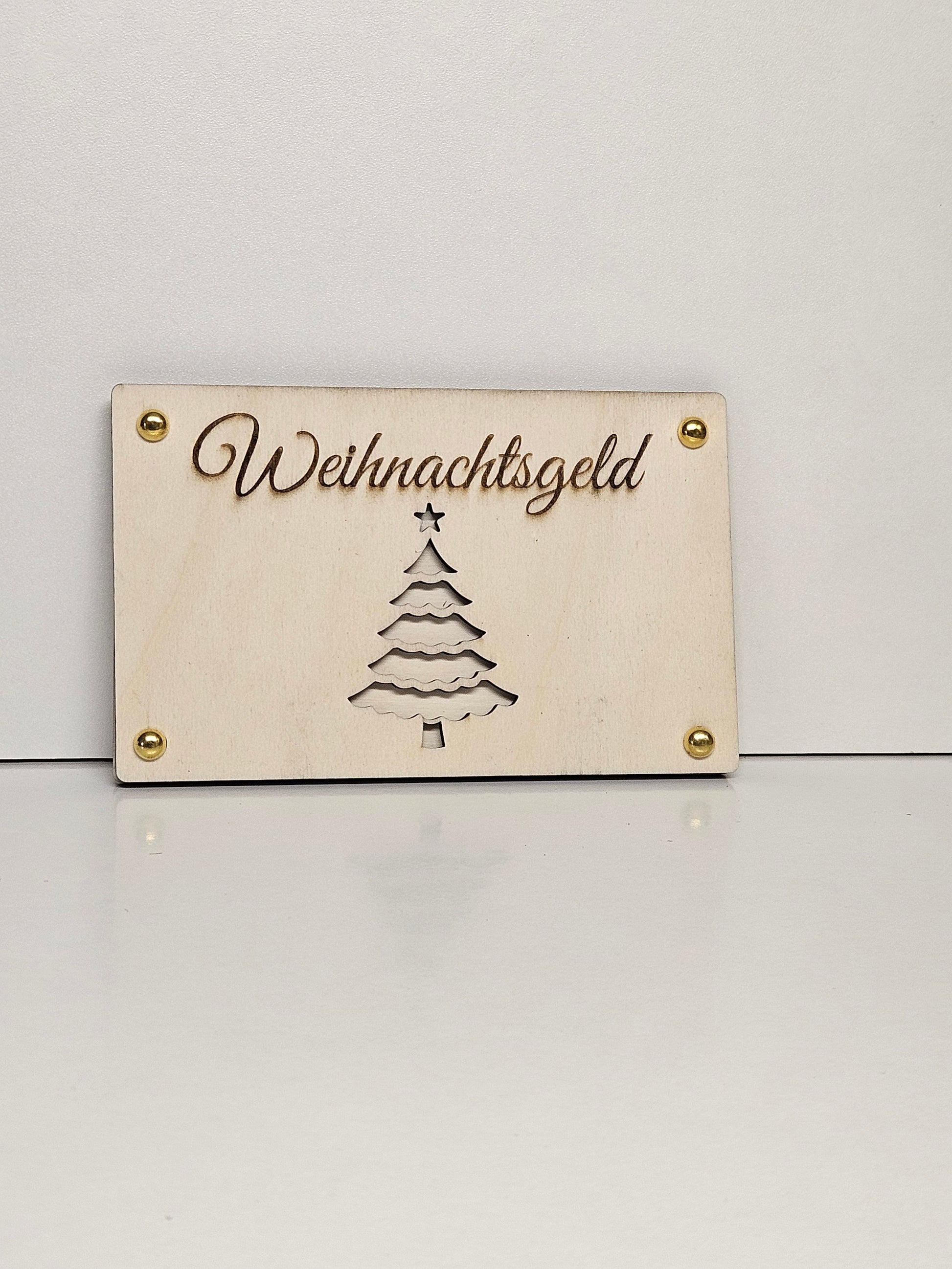 Lasergravierte Holztafel Weihnachtsgeld mit Weihnachtsbaum-Motiv