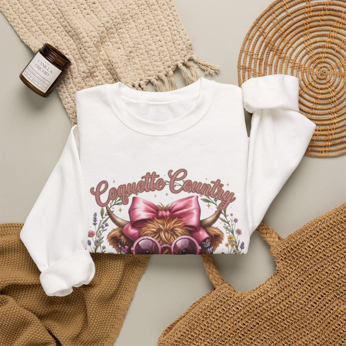 Sweatshirt mit Hochlandrind, rosa Schleife und Sonnenbrille