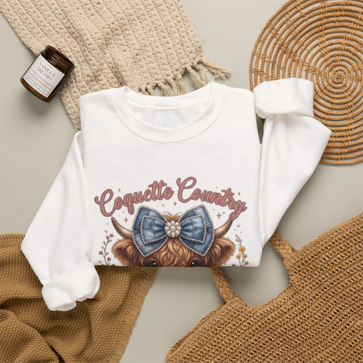 Sweatshirt mit Hochlandrind und blauer Schleife