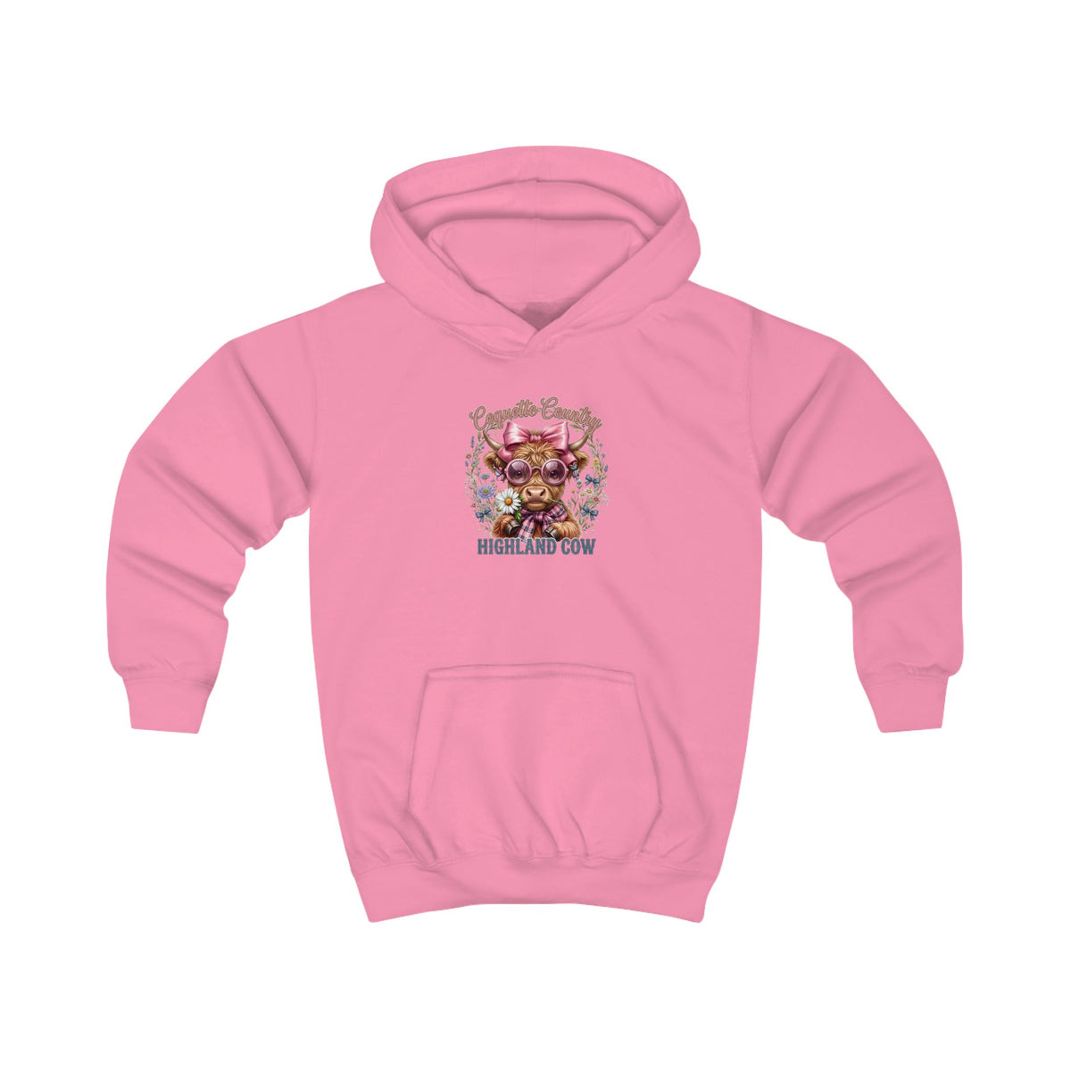 Kinder-Kapuzenpullover mit buntem Hochlandrind-Motiv