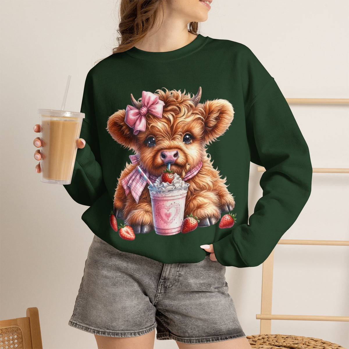Sweatshirt mit Hochlandkalb und Erdbeerdrink