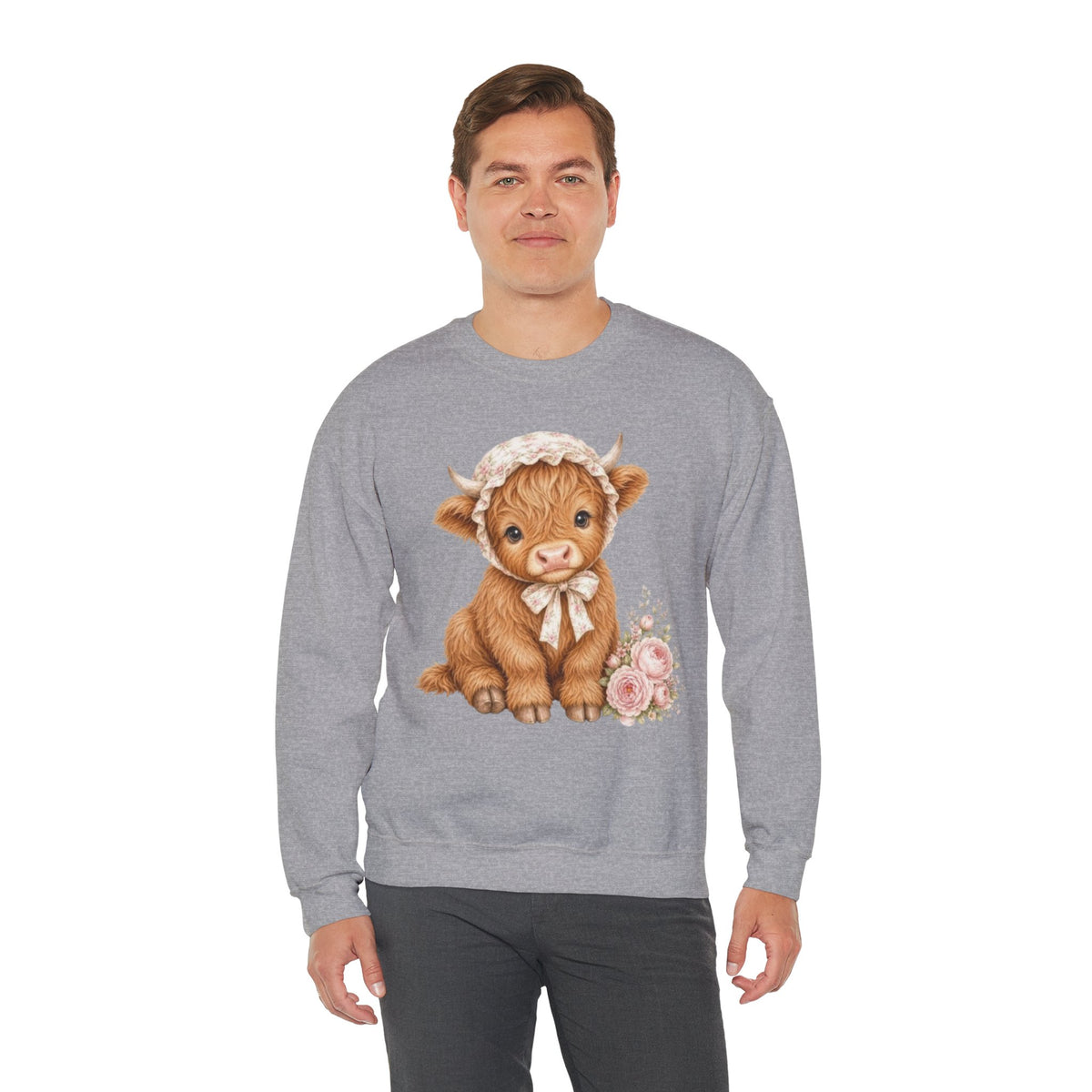 Sweatshirt mit Hochlandkalb und rosa Blumen
