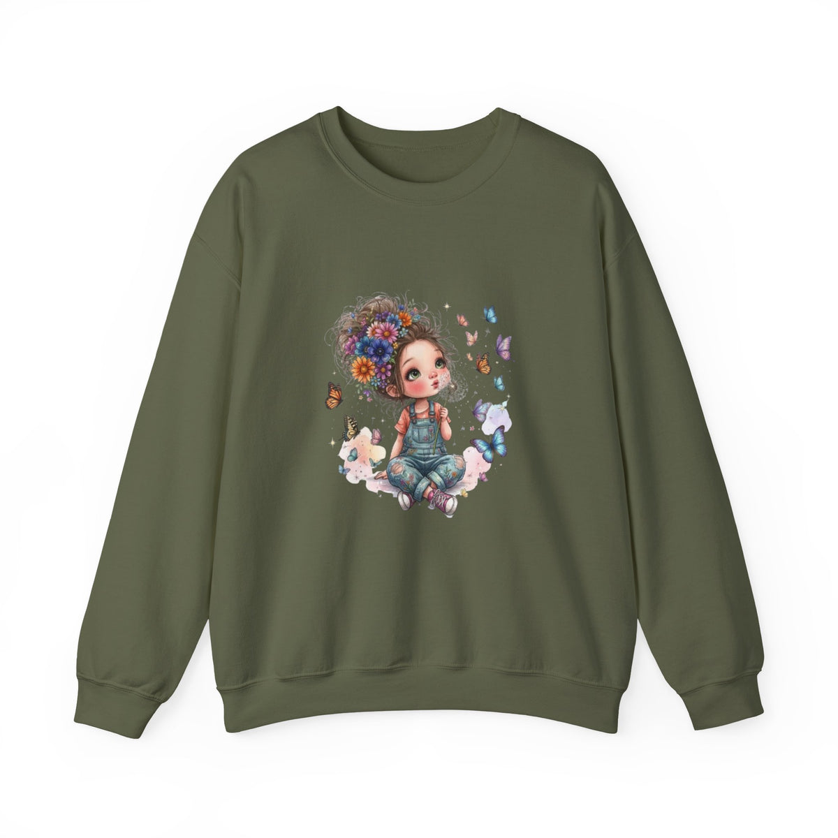 Sweatshirt mit Mädchen-Motiv, Blumen und Schmetterlingen