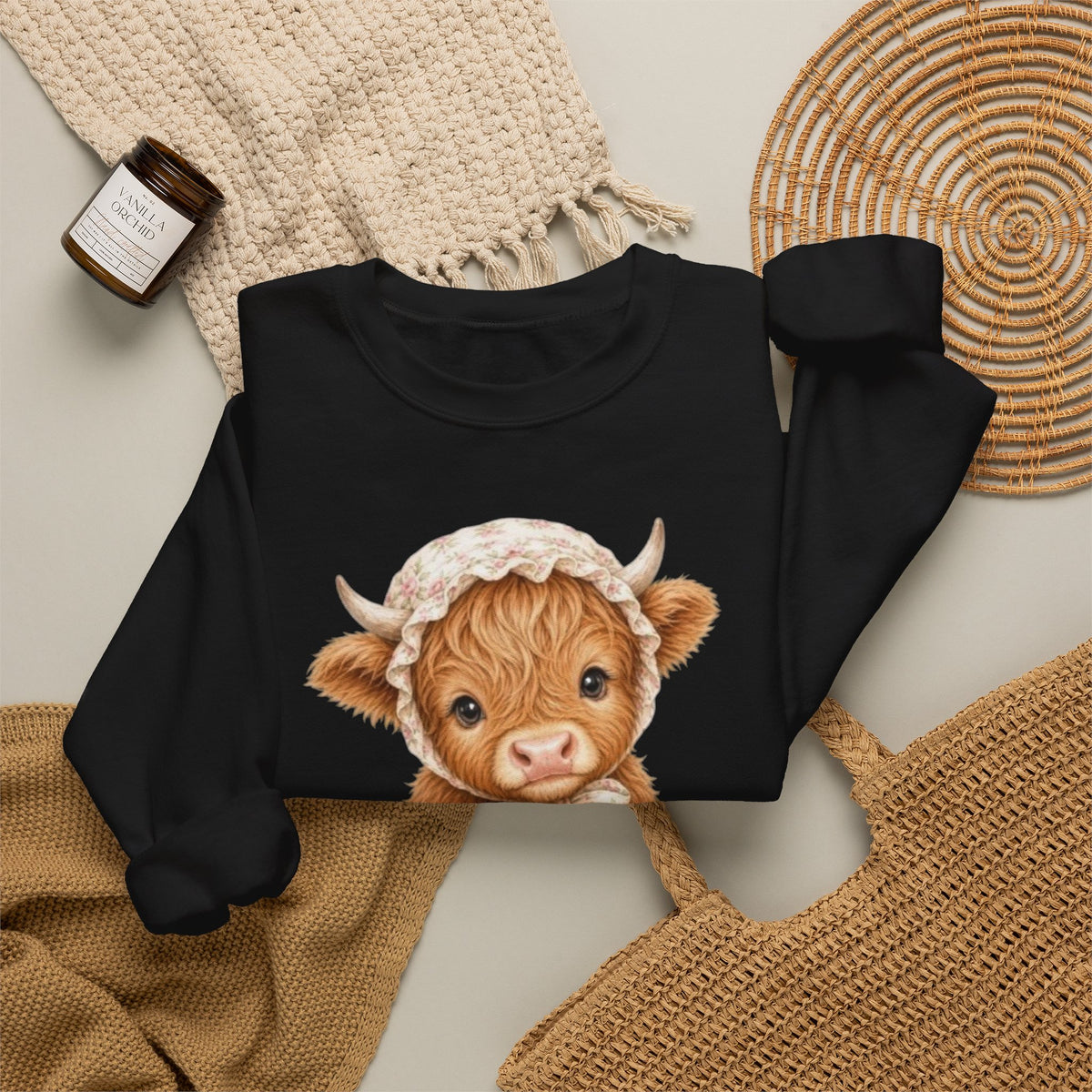 Sweatshirt mit Hochlandkalb und rosa Blumen