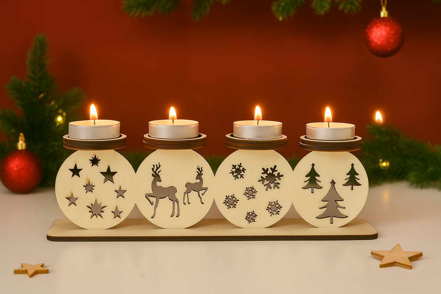 🕯️ Weihnachtlicher Teelichthalter aus Holz – Lasergraviert & Handgefertigt