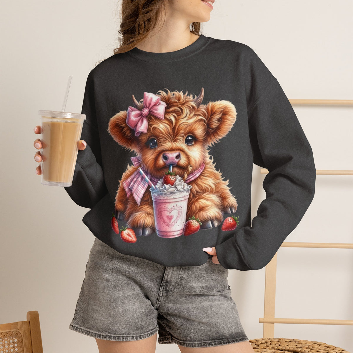 Sweatshirt mit Hochlandkalb und Erdbeerdrink
