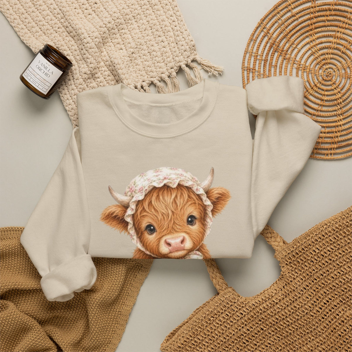 Sweatshirt mit Hochlandkalb und rosa Blumen
