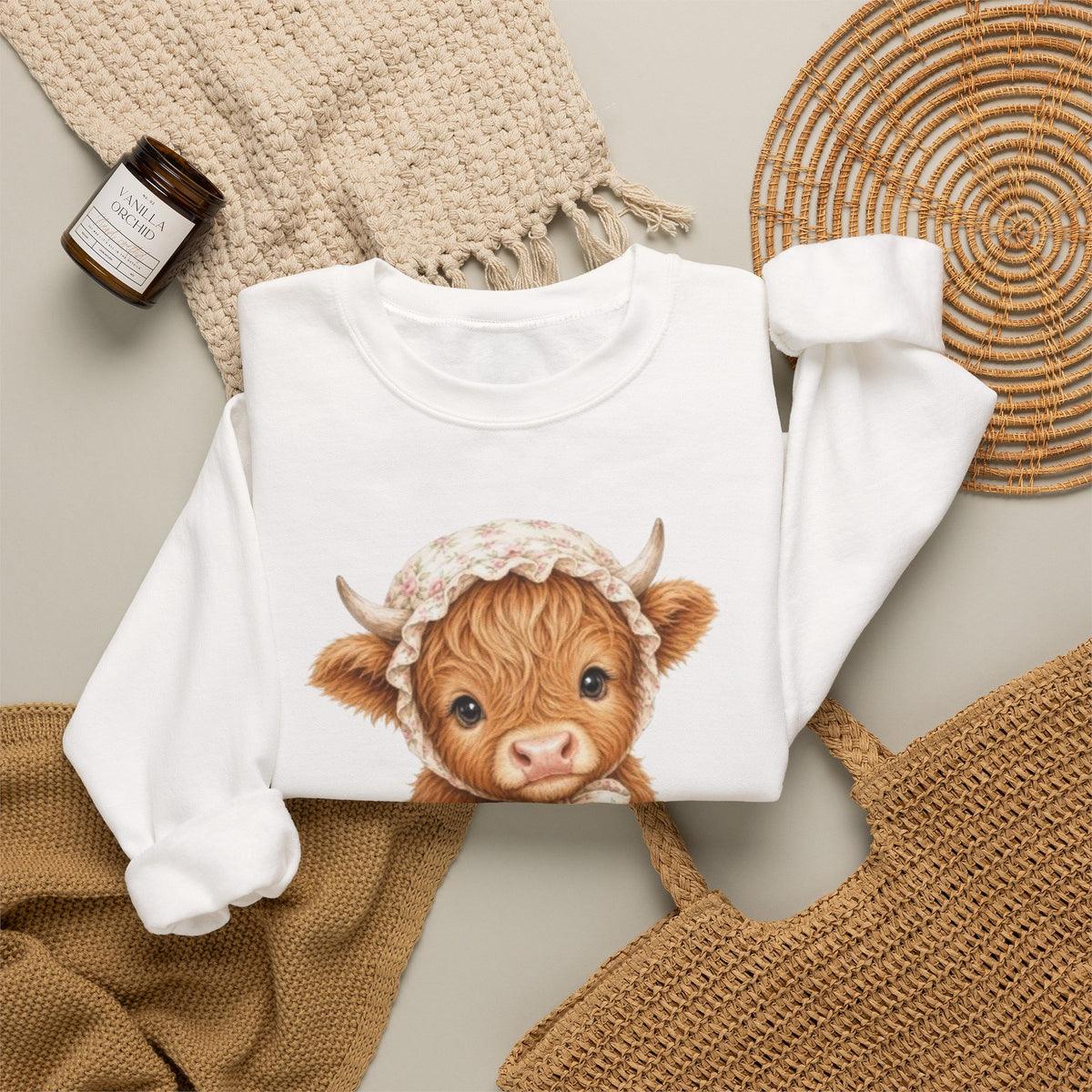 Sweatshirt mit Hochlandkalb und rosa Blumen