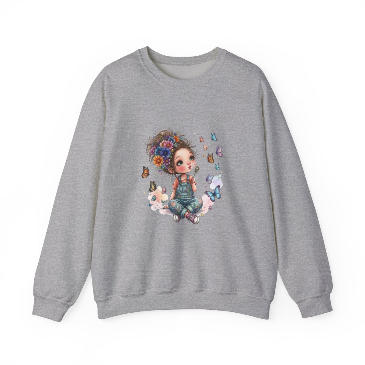 Sweatshirt mit Mädchen-Motiv, Blumen und Schmetterlingen