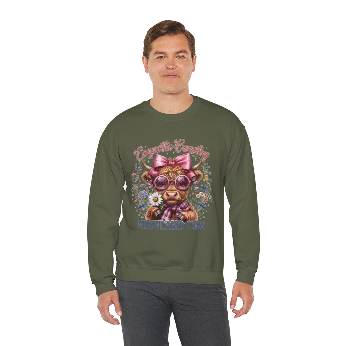 Sweatshirt mit Hochlandrind, rosa Schleife und Sonnenbrille