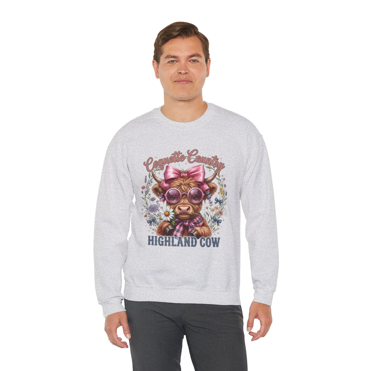 Sweatshirt mit Hochlandrind, rosa Schleife und Sonnenbrille