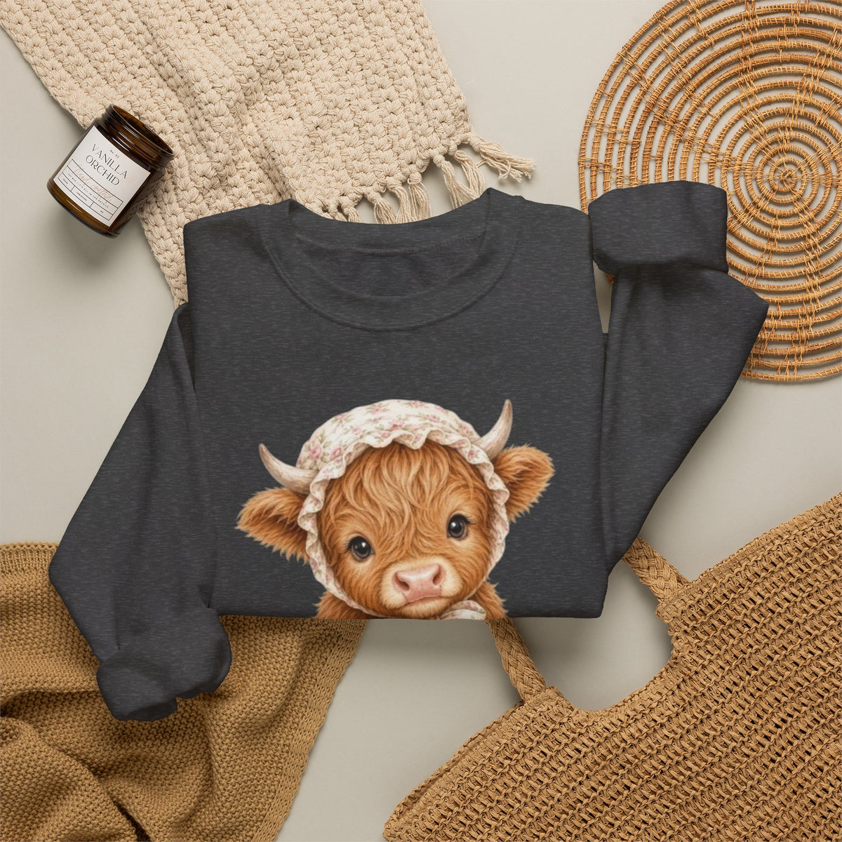 Sweatshirt mit Hochlandkalb und rosa Blumen