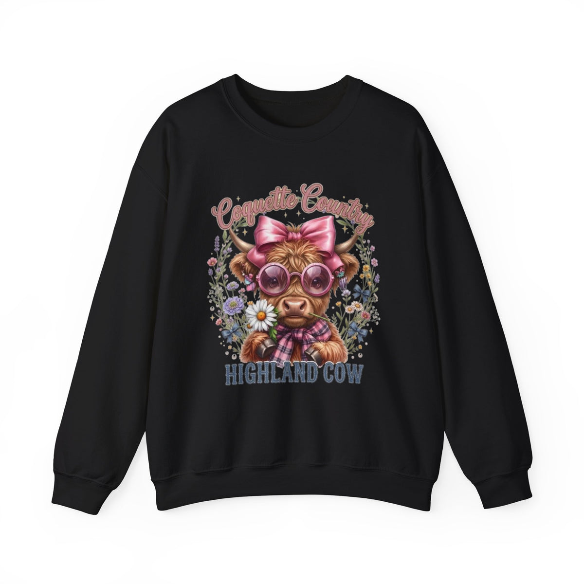 Sweatshirt mit Hochlandrind, rosa Schleife und Sonnenbrille