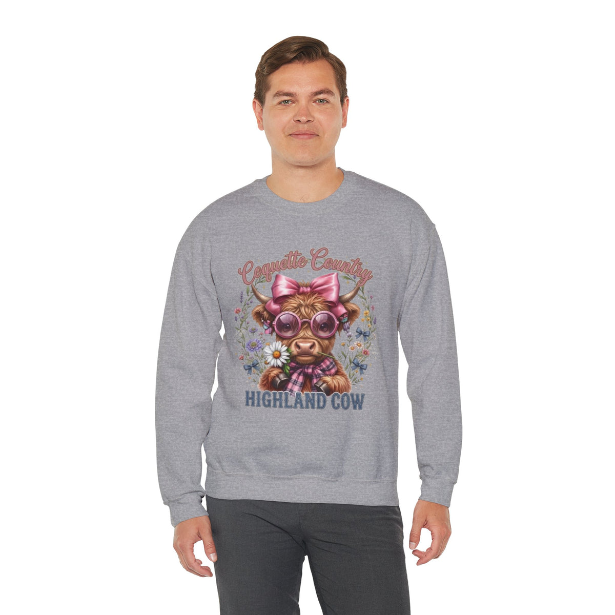 Sweatshirt mit Hochlandrind, rosa Schleife und Sonnenbrille