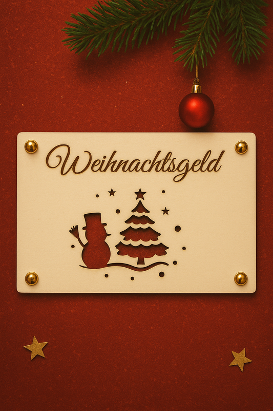 Weihnachtsgeld-Holzkarte – Schneemann & Tannenbaum-Design