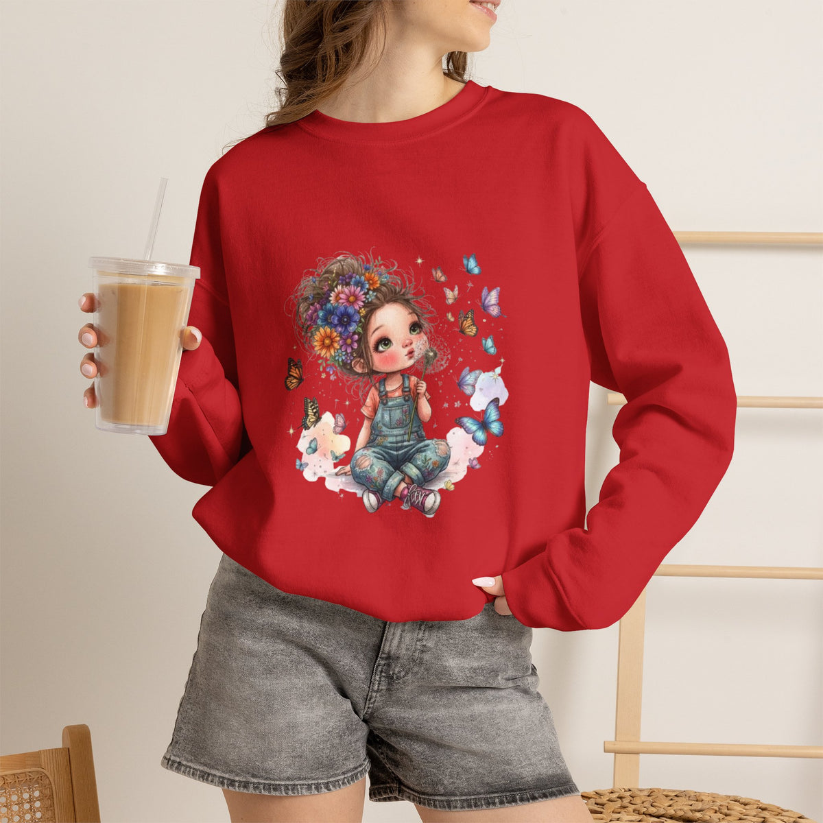 Sweatshirt mit Mädchen-Motiv, Blumen und Schmetterlingen