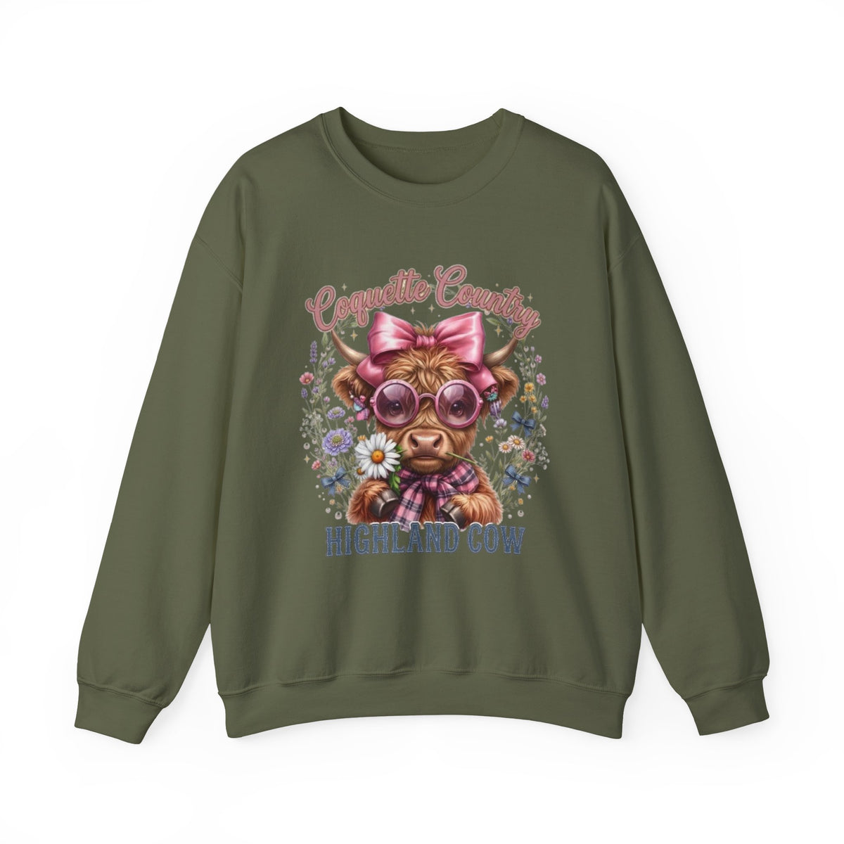 Sweatshirt mit Hochlandrind, rosa Schleife und Sonnenbrille