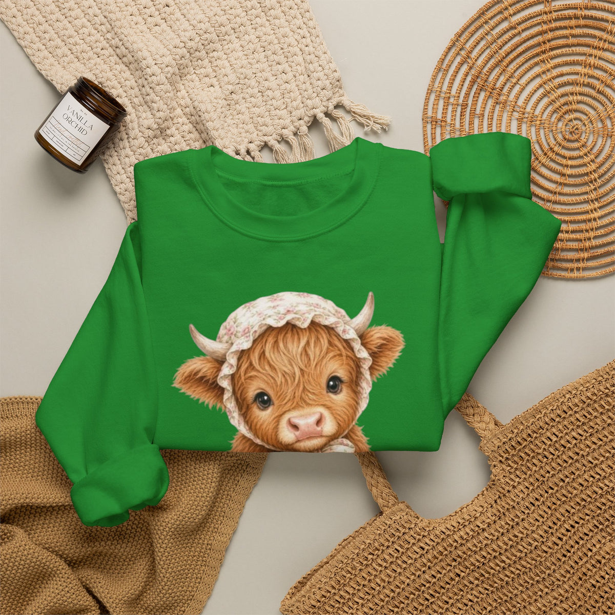 Sweatshirt mit Hochlandkalb und rosa Blumen