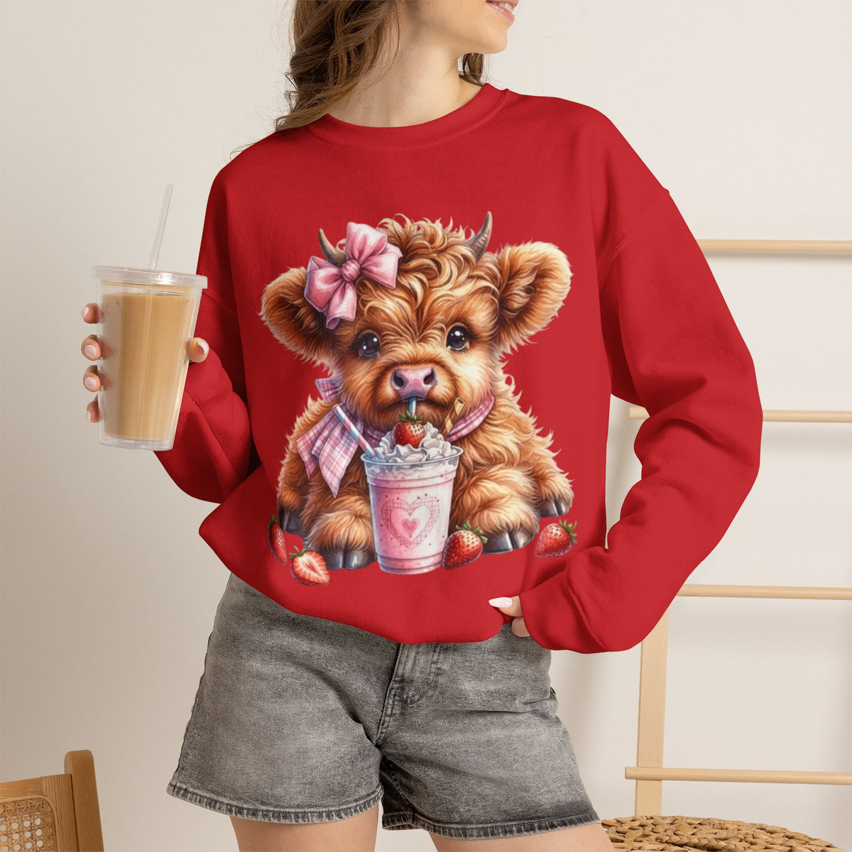 Sweatshirt mit Hochlandkalb und Erdbeerdrink
