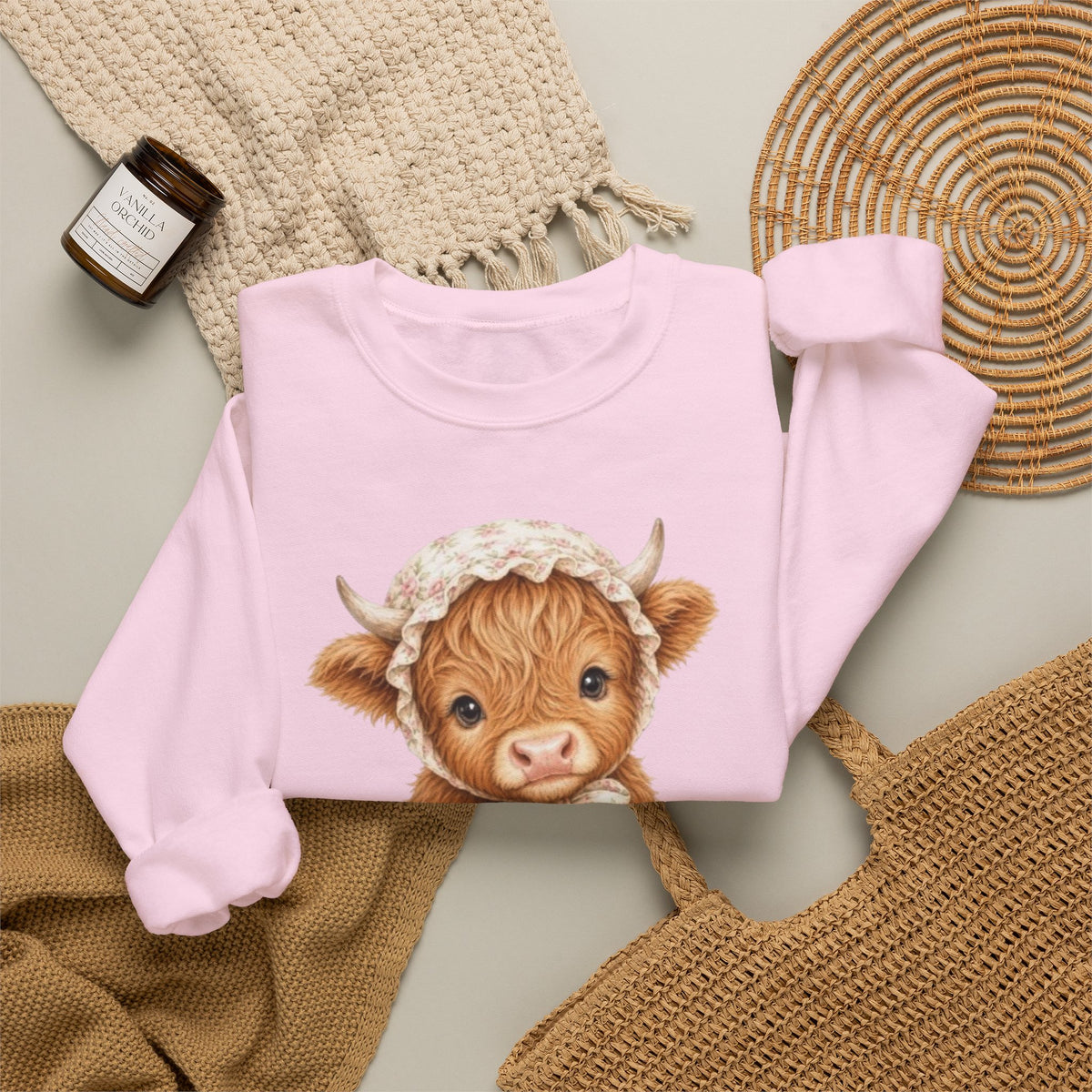 Sweatshirt mit Hochlandkalb und rosa Blumen