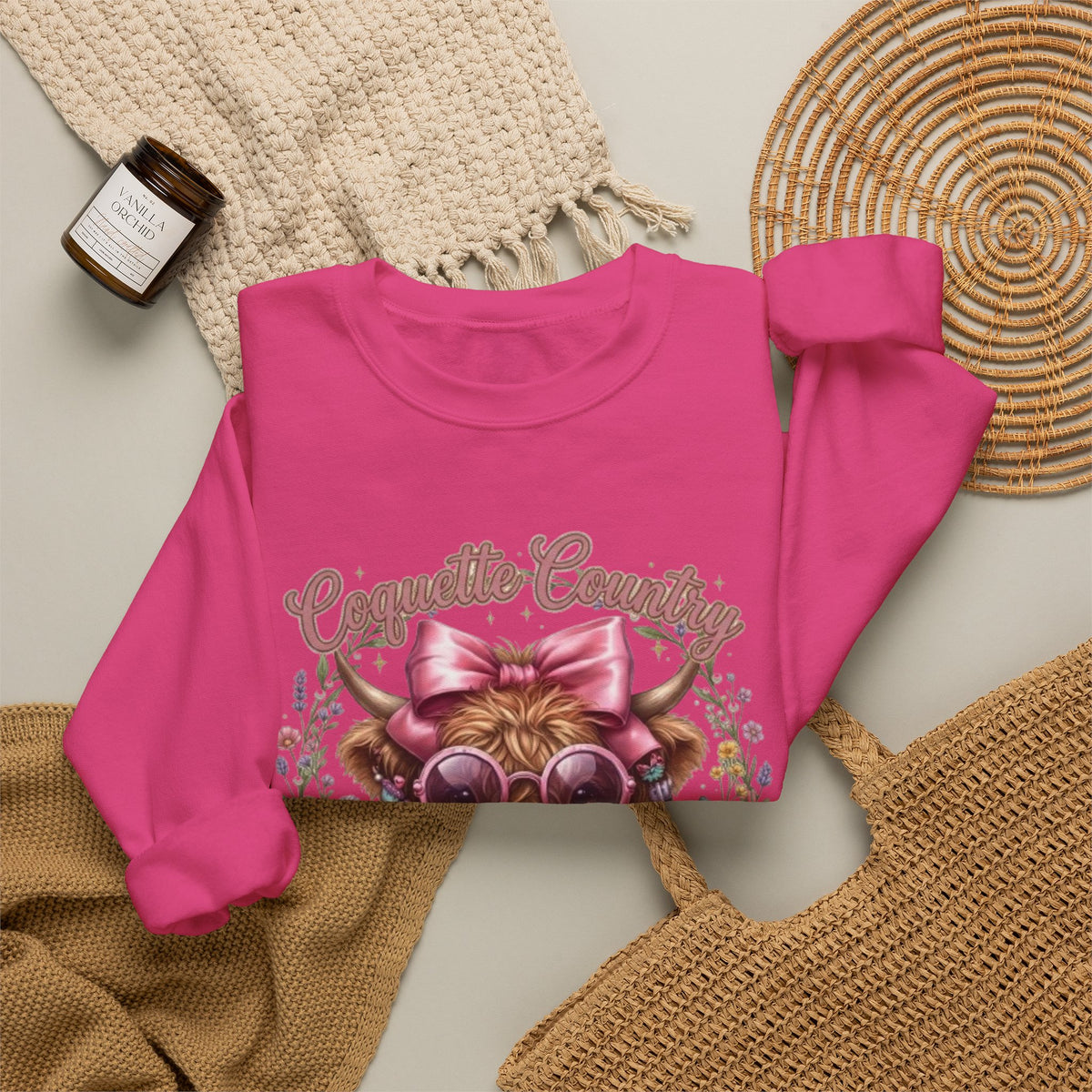 Sweatshirt mit Hochlandrind, rosa Schleife und Sonnenbrille