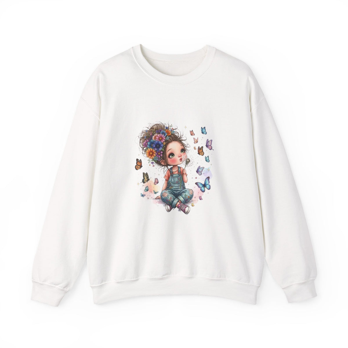 Sweatshirt mit Mädchen-Motiv, Blumen und Schmetterlingen