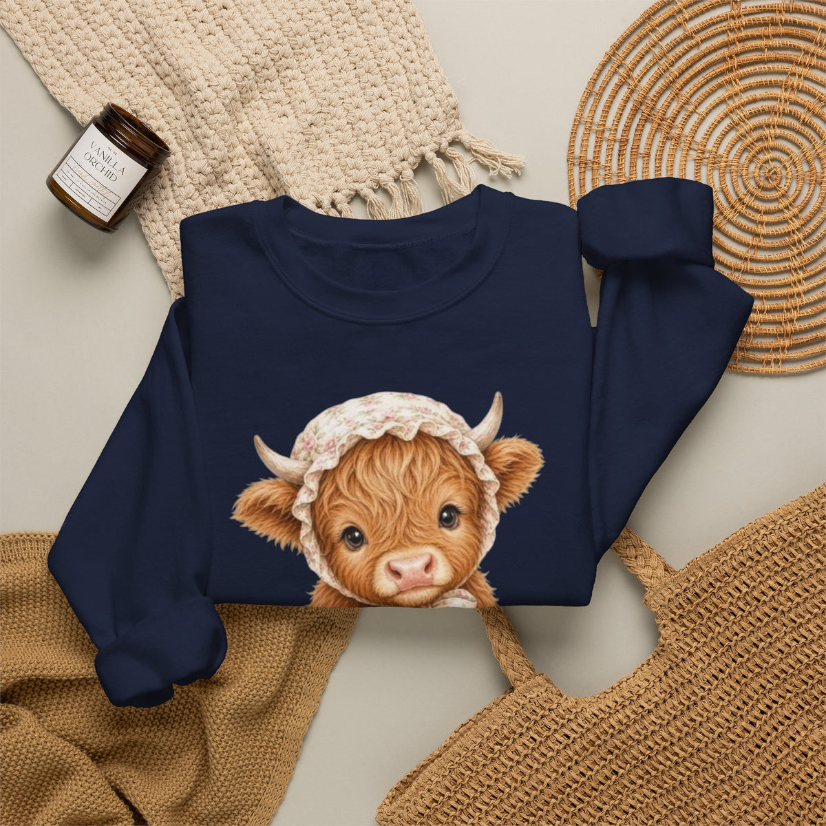 Sweatshirt mit Hochlandkalb und rosa Blumen