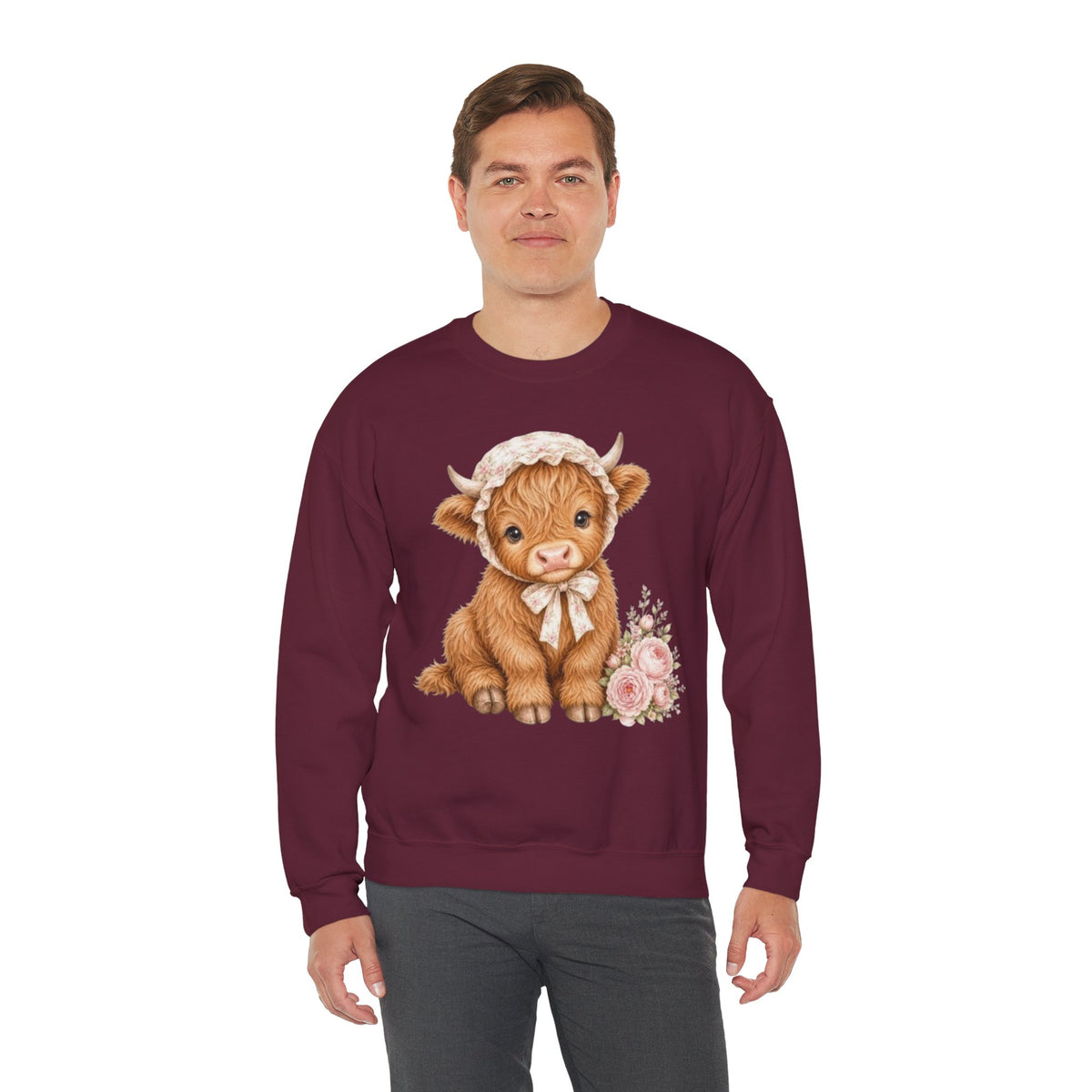 Sweatshirt mit Hochlandkalb und rosa Blumen