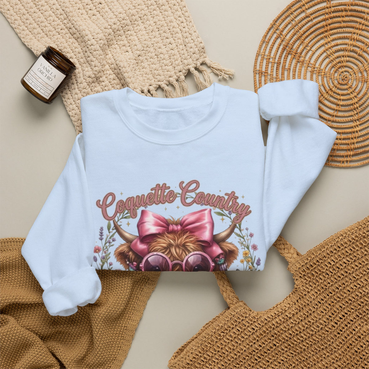 Sweatshirt mit Hochlandrind, rosa Schleife und Sonnenbrille