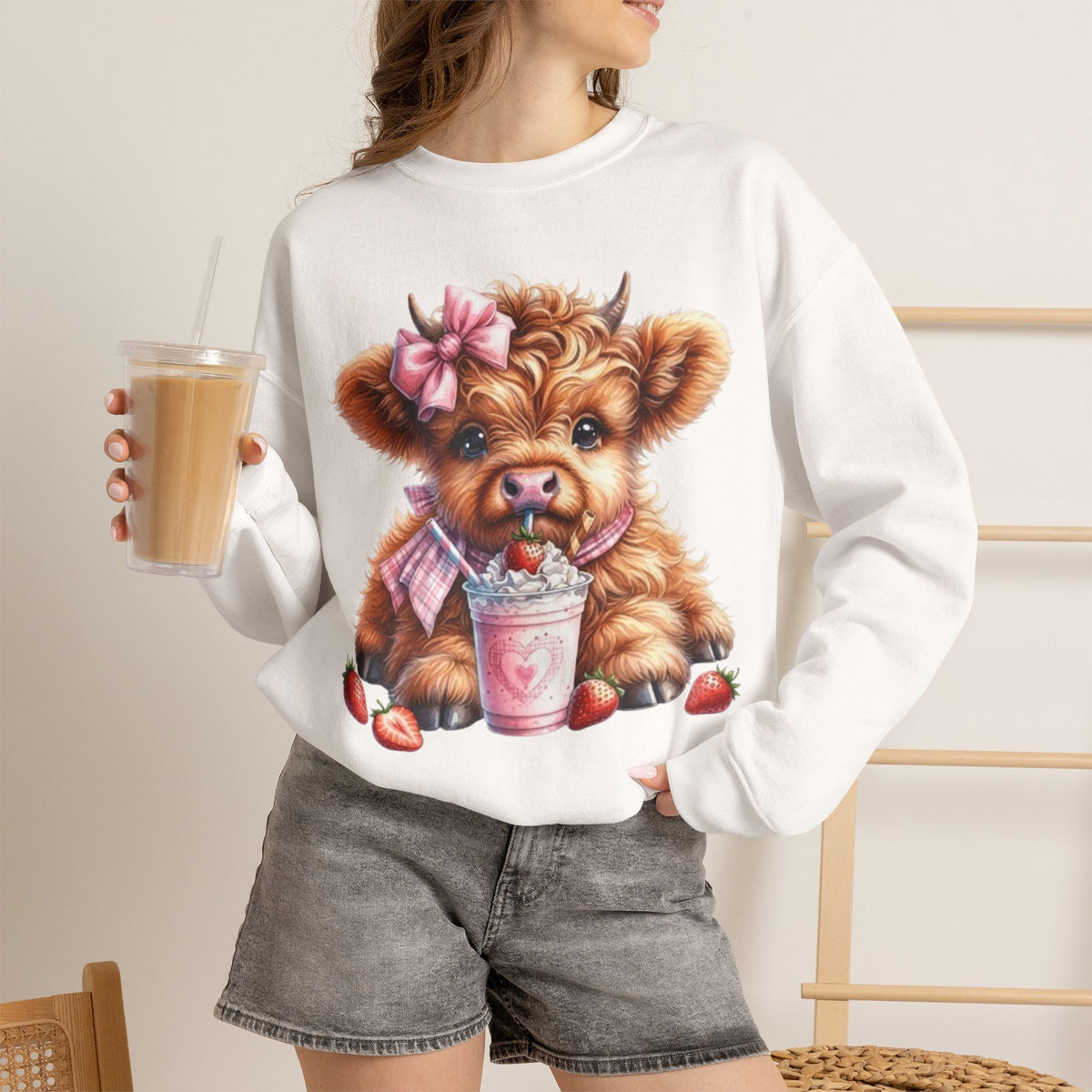 Sweatshirt mit Hochlandkalb und Erdbeerdrink