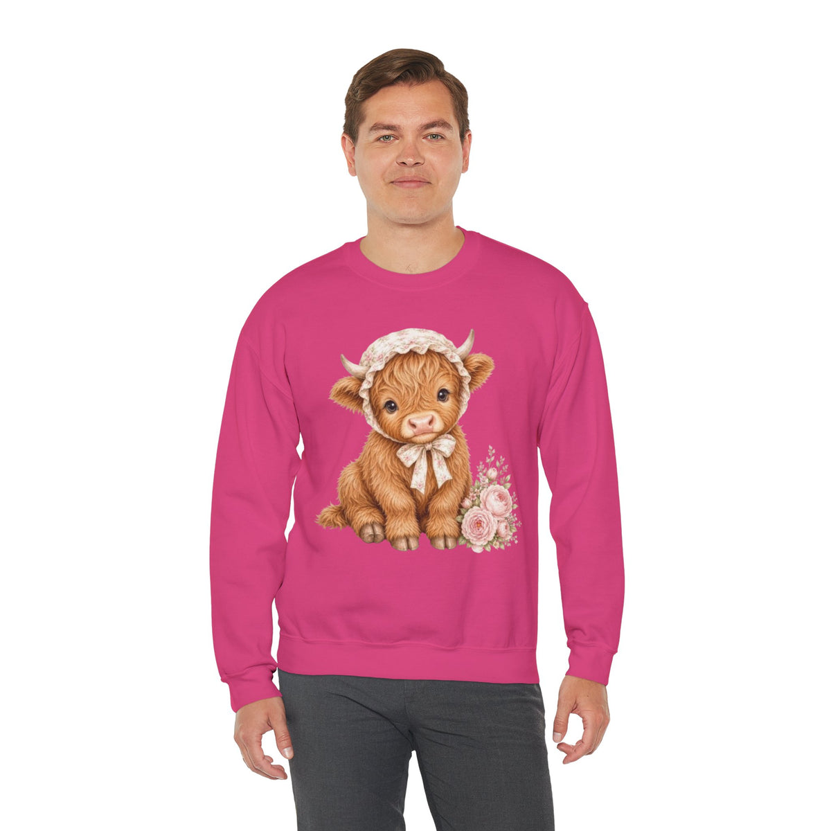 Sweatshirt mit Hochlandkalb und rosa Blumen
