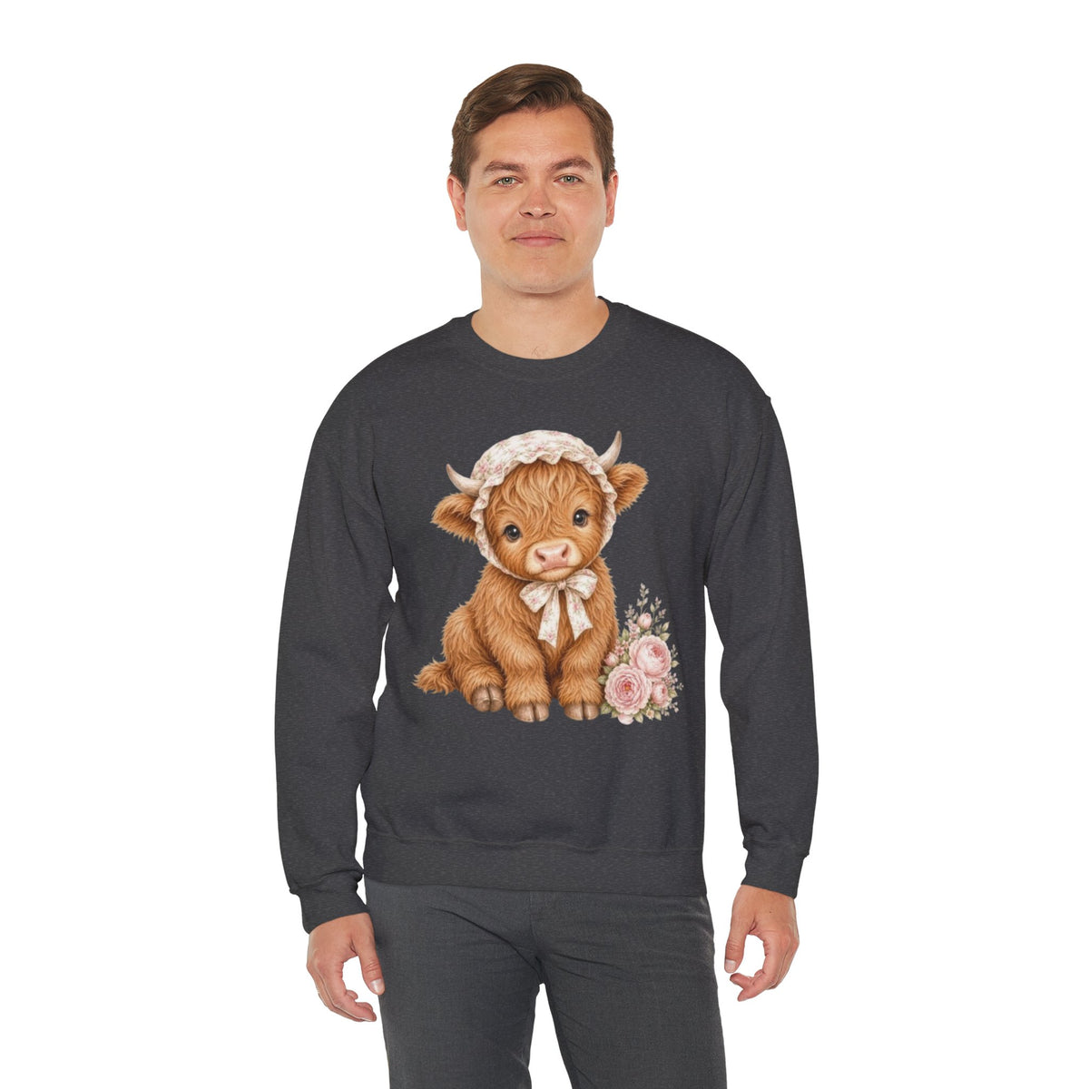Sweatshirt mit Hochlandkalb und rosa Blumen