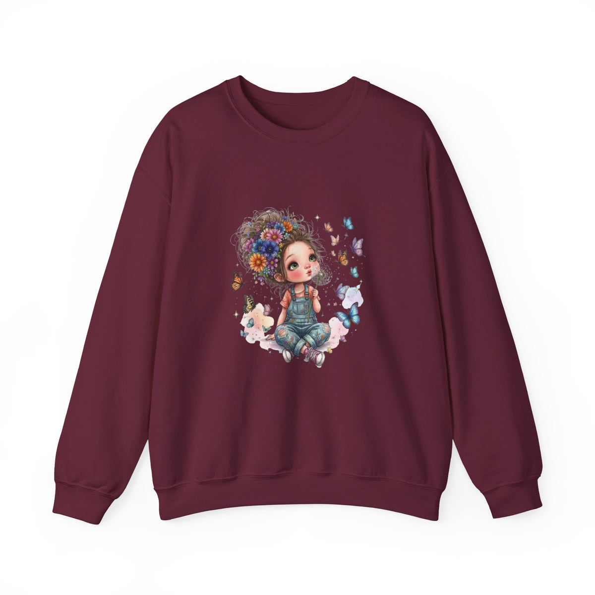 Sweatshirt mit Mädchen-Motiv, Blumen und Schmetterlingen