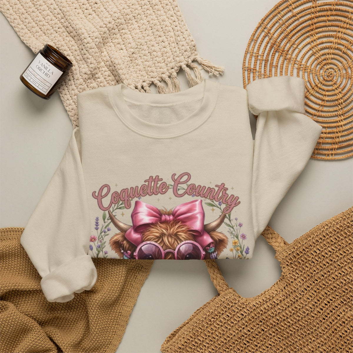 Sweatshirt mit Hochlandrind, rosa Schleife und Sonnenbrille