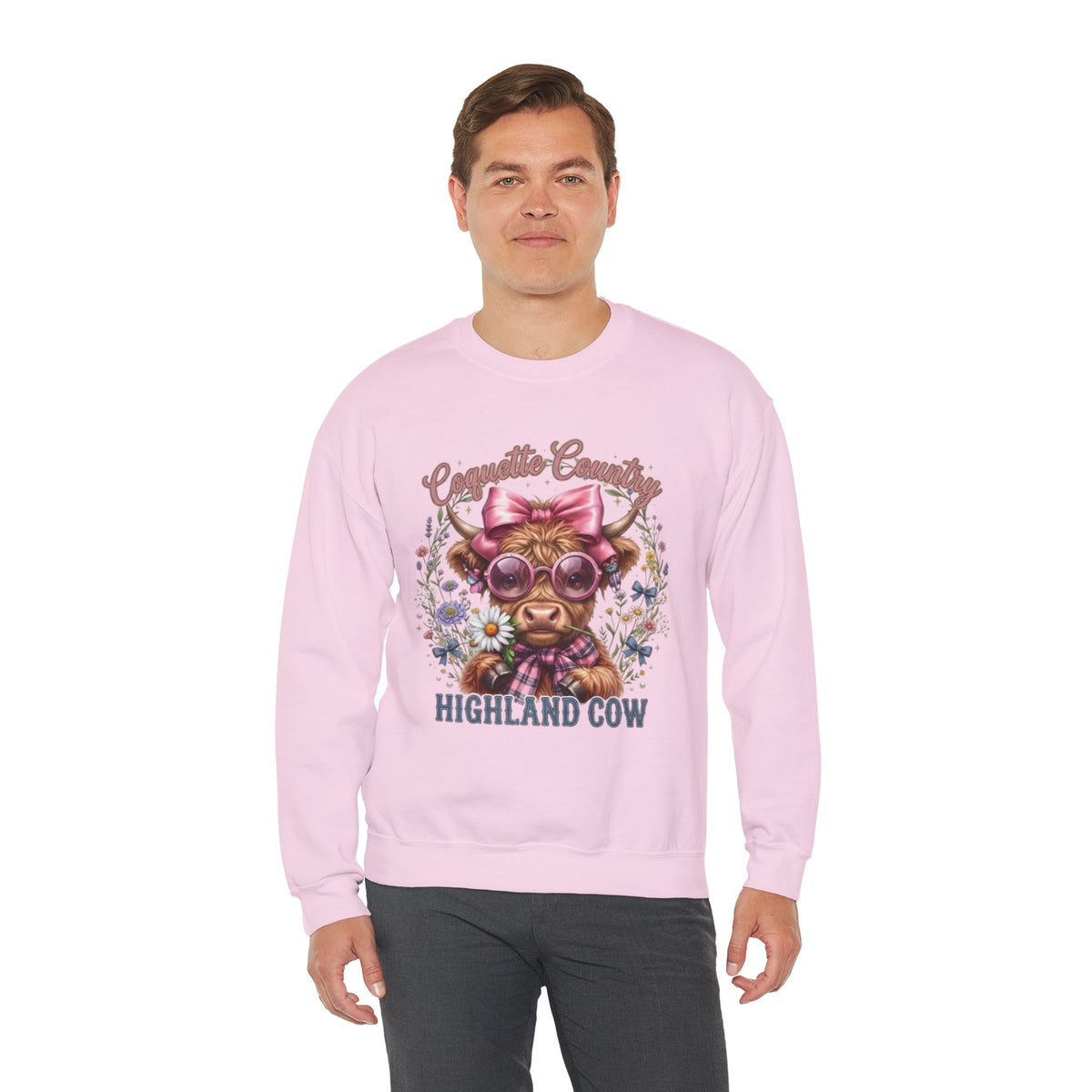 Sweatshirt mit Hochlandrind, rosa Schleife und Sonnenbrille