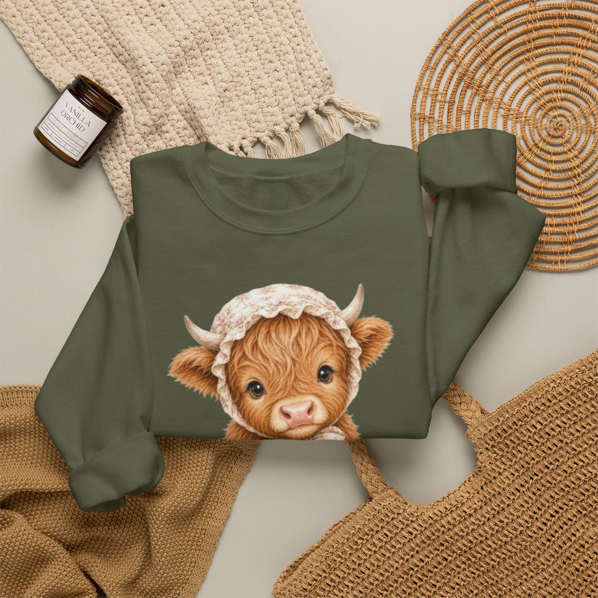 Sweatshirt mit Hochlandkalb und rosa Blumen