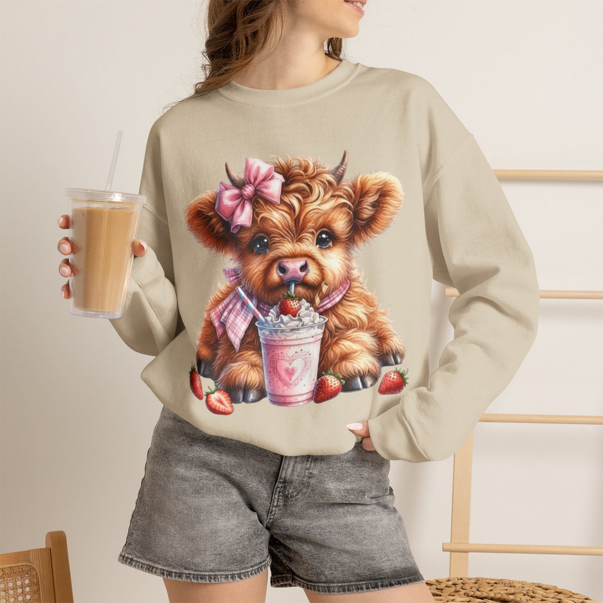 Sweatshirt mit Hochlandkalb und Erdbeerdrink
