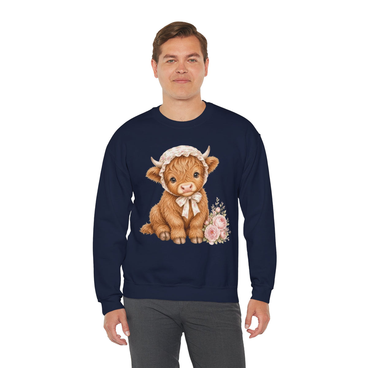 Sweatshirt mit Hochlandkalb und rosa Blumen