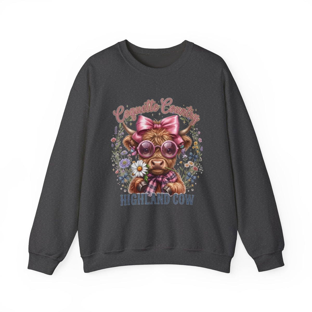 Sweatshirt mit Hochlandrind, rosa Schleife und Sonnenbrille