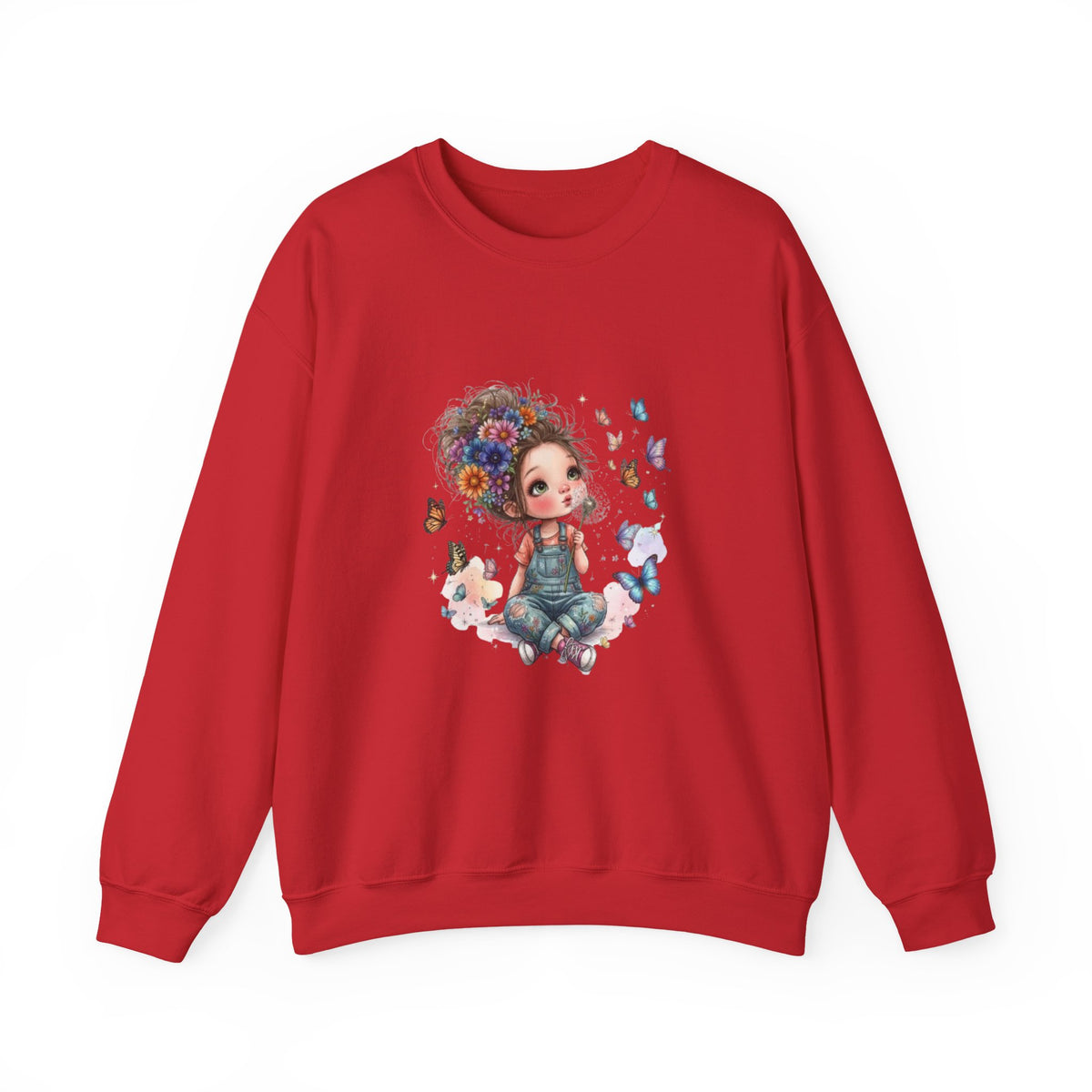 Sweatshirt mit Mädchen-Motiv, Blumen und Schmetterlingen