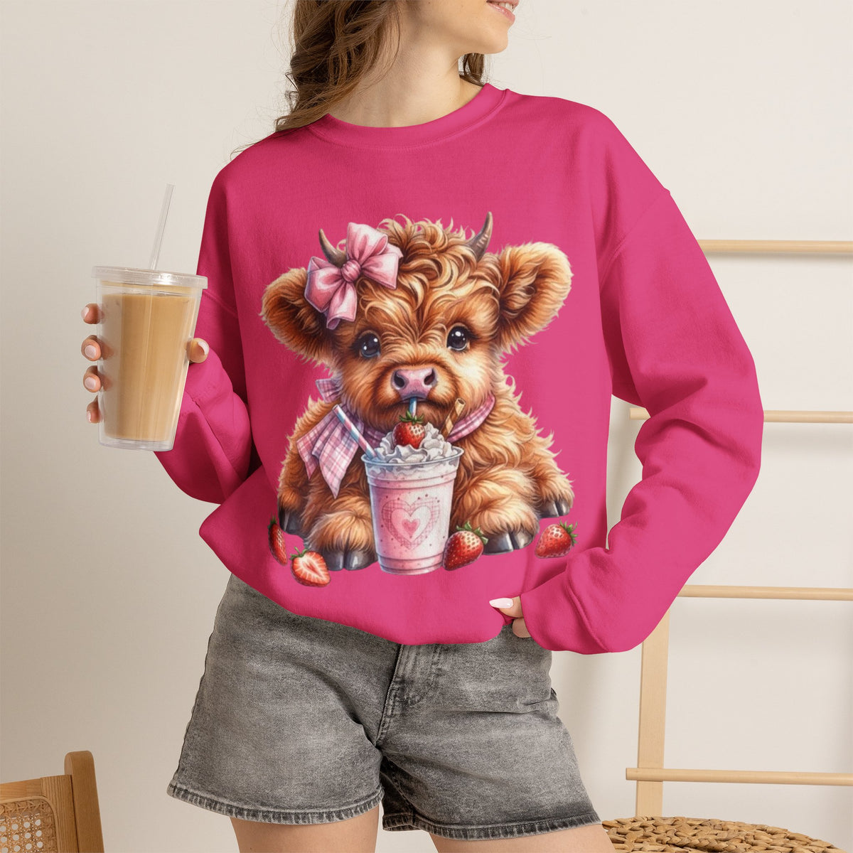 Sweatshirt mit Hochlandkalb und Erdbeerdrink