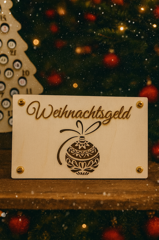 Holzkarte „Weihnachtsgeld“ – Geschenkidee aus Holz mit filigraner Weihnachtskugel